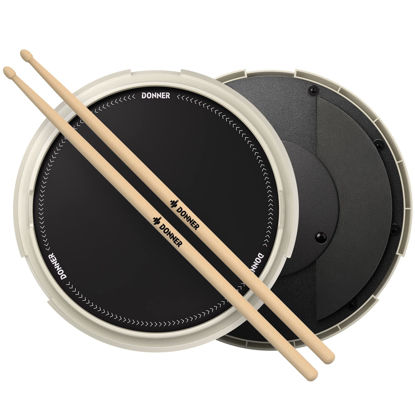 Picture of Drum Practice Pad, Donner Drummer Practice Pad - Quiet Drum Pad with Removable Snare Simulation Built-in 800 Steel Balls, Drum Sticks, 40 Standard Rudiments, 12 Inches, White
