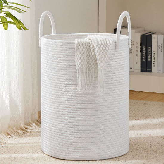 Picture of Woven Rope Laundry Hamper Basket by YOUDENOVA, 58L Tall Laundry Basket, Baby Nursery Hamper for Blanket Storage, Clothes Hamper for Laundry in Bedroom-Large-Pure White
