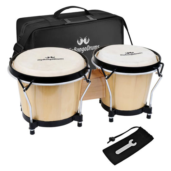 Picture of Bongo Drum Set for Adults Kids Beginners Professionals, Upgrade Packaging, Set of 6 and 7 inch Tunable Percussion Instruments, Natural Animal Hides Hickory Shells Wood Metal with Tuning Wrench