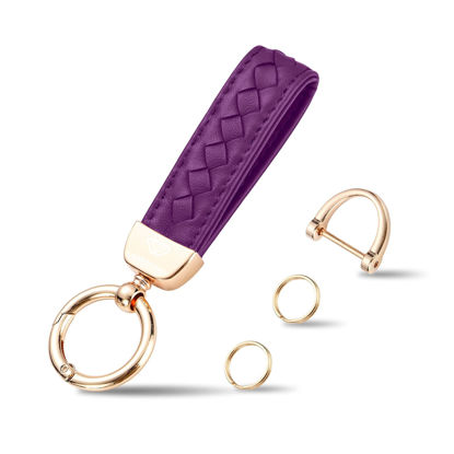 Picture of Genuine Leather Keychains, Handmade Knit Sheepskin Car Key chains for Women, Universal Key Fob Holder with 360 Degree Rotatable, Anti-Lost D-Ring, 2 Keyrings and 1 Screwdriver - Purple