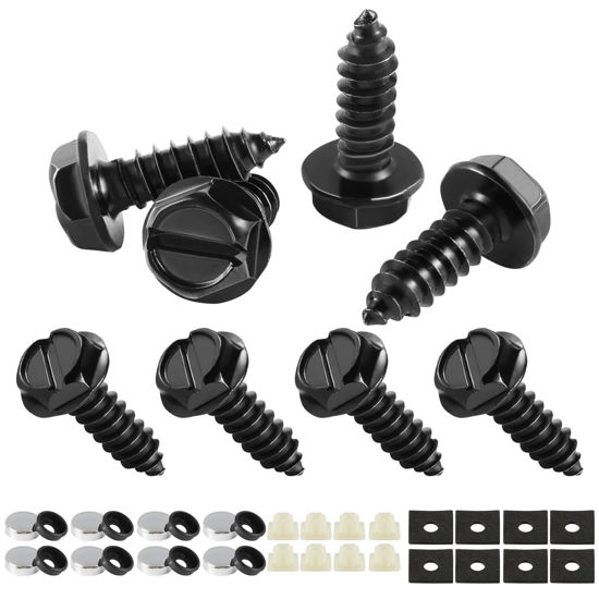 Picture of LivTee Rustproof License Plate Screws for Securing License Plates Frames and Covers on Cars and Trucks, 8 Sets Premium Stainless Steel Self Tapping Mounting Bolts (Black Zinc Plated)