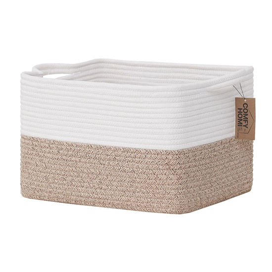 Picture of COMFY-HOMI Cotton Rope Woven Basket with Handles for Shelves,Toys,Book, Cloth Storage Baskets for Organizing-13.5" x 11" x 9.5" Toy Decorative Organizer for Living Room, Bathroom （White/Brown）