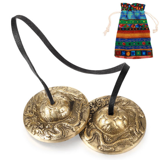 Picture of Boao Tibetan Tingsha Cymbals Meditation Chime Bells with Tibetan Drawstring Cloth Bag, 6.3 cm Meditation Chime Bells, for Percussion Instrument (2 Dragons with Bell Embossed)