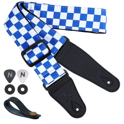 Picture of Nefelibata Guitar Strap-2" Wide Double Layer Cotton Original Design Adjustable Guitar Straps with Long Leather Ends for Bass, Electric & Acoustic, Best Gifts for Kids,Guitarists (Blue Plaid)