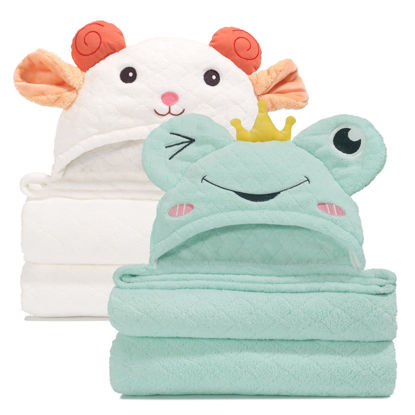 Picture of WODHOY Toddler Hooded Towels Age 1-5, 2-Pack Thick Absorbent Baby Bath Towels for Toddler Boys & Girls, 50'' x 32'' Large Super Soft Toddler Towels with Hood, Kids Bath Towels, Green & White