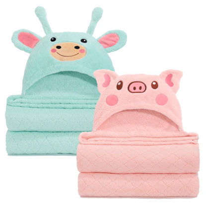 Picture of WODHOY Toddler Hooded Bath Towels, 50 x 32 Inch Large Toddler Towel Hooded Set, Thick Hooded Bath Towels for Toddlers Ages 1-5, 2-Pack Toddler Animal Hooded Bath Towels, Green Giraffe and Pink Pig
