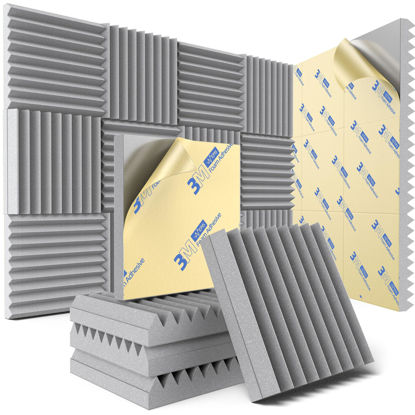 Picture of 12 Pack Sound Proof Foam Panels for Wall with Self Adhesive, 2" X 12" X 12" High Density Acoustic Panels Sound Absorbing Quick-Recovery, Wedges Soundproof Wall Panels for Gaming & Studio Decor - Gray