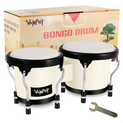 Picture of VANPHY Bongo Drum 4'' and 5'' Set for Adults Beginners Tunable Natural Skin Bongos Percussion Instruments With Tuning Wrench and Gift Box (White)