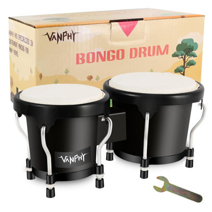 Picture of VANPHY Bongo Drum 4'' and 5'' Set for Adults Beginners Tunable Natural Skin Bongos Percussion Instruments With Tuning Wrench and Gift Box (Black)