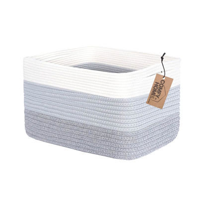 Picture of COMFY-HOMI Cotton Rope Woven Basket with Handles for Shelves,Toys,Book, Cloth Storage Baskets Bin for Organizing-13.5"x11"x9.5" Toy Decorative Organizer for Living Room, Bathroom-White/3Tone Grey