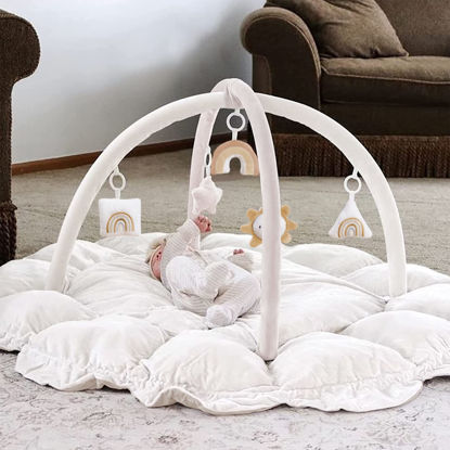 Picture of 5-in-1 Thick & Plush Baby Play Gym, Baby Play Mats for Floor, Tummy Time Mat with 6 Toys, Cat Bed, Dog Bed, Convertible Stage-Based Developmental from Baby to Toddler, Ball Pit, Pet Cushion, White