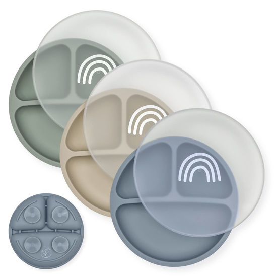 Picture of Hippypotamus Toddler Plates - Suction Plates with Lids for Baby - 100% Food-Grade Silicone - BPA Free - Dishwasher Safe - Set of 3 (Fog/Nude/Sage with LIDS)