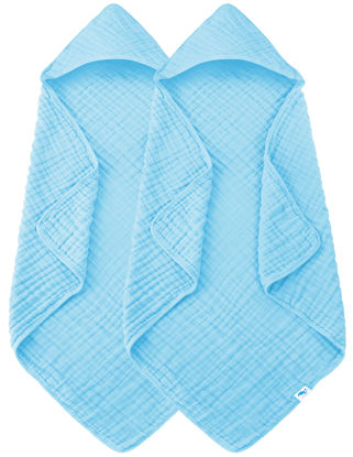 Picture of SWEET DOLPHIN Muslin Hooded Baby Bath Towels - 2 Pack 100% Cotton Towel for Babies, Infants, Toddlers - 32x32Inch - Highly Absorbent and Newborn Essential, Blue