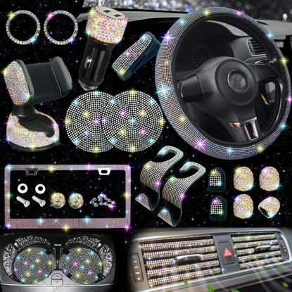 Picture of NBTEPEM 27 PCs Multicolor Bling Car Accessories Set for Women, Bling Steering Wheel Covers Universal Fit 15 Inch, Bling License Plate Frame, Bling Phone Holder, Bling Car Coasters
