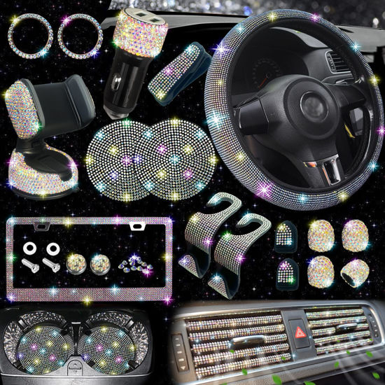 Picture of NBTEPEM 27 PCs Multicolor Bling Car Accessories Set for Women, Bling Steering Wheel Covers Universal Fit 15 Inch, Bling License Plate Frame, Bling Phone Holder, Bling Car Coasters