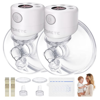 Picture of TSRETE Breast Pump, Double Wearable Breast Pump, Electric Hands-Free Breast Pumps with 2 Modes, 9 Levels, LCD Display, Memory Function Rechargeable Double Milk Extractor-24mm Flange, White
