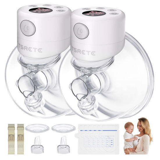 Picture of TSRETE Breast Pump, Double Wearable Breast Pump, Electric Hands-Free Breast Pumps with 2 Modes, 9 Levels, LCD Display, Memory Function Rechargeable Double Milk Extractor-24mm Flange, White