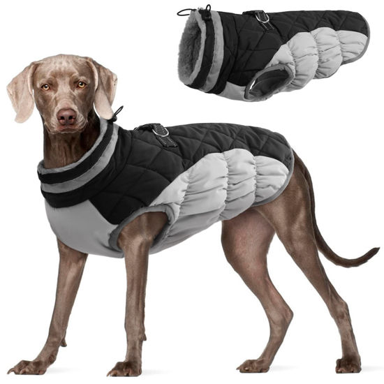 Picture of FUAMEY Dog Coat,Warm Dog Jacket Winter Coat Paded Dog Fleece Vest Reflective Dog Cold Weather Coats with Built in Harness Waterproof Windproof Dog Snow Jacket Clothes with Zipper Black XX-Large