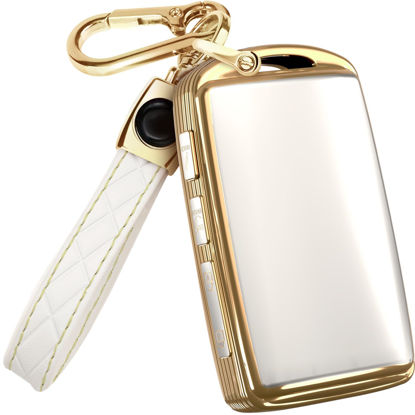 Picture of for Mazda CX5 Key Fob Cover and Leather Keychain - Full Cover Key Case for Mazda 3, 6, CX-5, CX-9, CX-30, CX-50, CX-70 - 2019-2024 TPU Keyfob Cover Compatible with WAZSKE11D0 - White and Gold