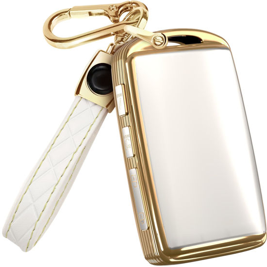 Picture of for Mazda CX5 Key Fob Cover and Leather Keychain - Full Cover Key Case for Mazda 3, 6, CX-5, CX-9, CX-30, CX-50, CX-70 - 2019-2024 TPU Keyfob Cover Compatible with WAZSKE11D0 - White and Gold