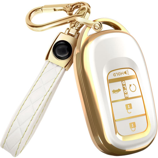 Picture of for 2025 Honda Pilot Key Fob Cover and Leather Keychain - for Honda Accord, Civic, CR-V, HR-V - 2022-2025 Full Cover Key Case - TPU Keyfob Cover Compatible with KR5TP-4 - White and Gold