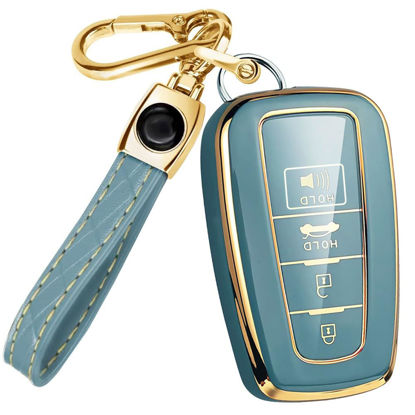 Picture of for Toyota Camry Key Fob Cover and Leather Keychain - Full Cover Key Case for Toyota Corolla, RAV4, Avalon, Prius, C-HR - 2019-2024 TPU Keyfob Cover Compatible with HYQ14FBE - Blue and Gold