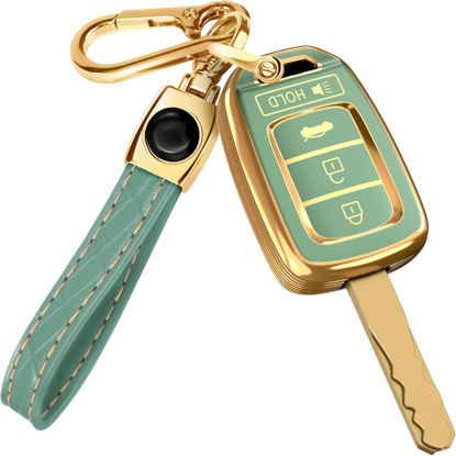 Picture of for Honda Civic Key Fob Cover and Leather Keychain - Full Cover Key Case for Honda Accord, CR-V SE, CRV LX, HR-V - 2014-2022 TPU Keyfob Cover Compatible with MLBHLIK6-1T - Green and Gold