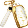 Picture of for Toyota Corolla Key Fob Cover and Leather Keychain - Full Cover Key Case for Avalon, Camry, C-HR, Highlander, Prius, Venza - 2019-2024 TPU Keyfob Cover Compatible with HYQ14FBX - White and Gold