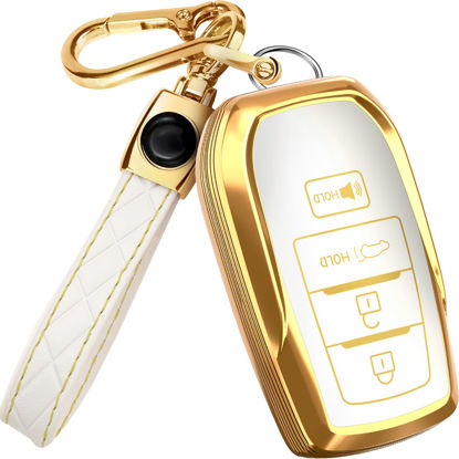 Picture of for Toyota Corolla Key Fob Cover and Leather Keychain - Full Cover Key Case for Avalon, Camry, C-HR, Highlander, Prius, Venza - 2019-2024 TPU Keyfob Cover Compatible with HYQ14FBX - White and Gold