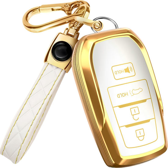 Picture of for Toyota Corolla Key Fob Cover and Leather Keychain - Full Cover Key Case for Avalon, Camry, C-HR, Highlander, Prius, Venza - 2019-2024 TPU Keyfob Cover Compatible with HYQ14FBX - White and Gold