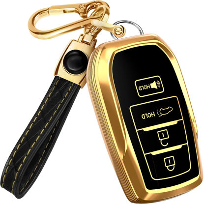 Picture of for Toyota Corolla Key Fob Cover and Leather Keychain - Full Cover Key Case for Avalon, Camry, C-HR, Highlander, Prius, Venza - 2019-2024 TPU Keyfob Cover Compatible with HYQ14FBX - Black and Gold