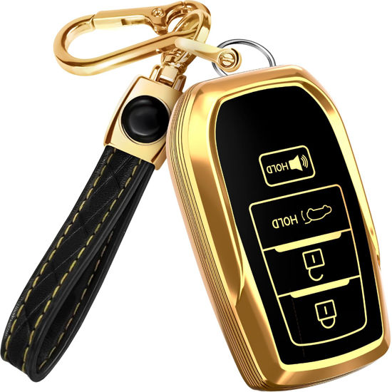 Picture of for Toyota Corolla Key Fob Cover and Leather Keychain - Full Cover Key Case for Avalon, Camry, C-HR, Highlander, Prius, Venza - 2019-2024 TPU Keyfob Cover Compatible with HYQ14FBX - Black and Gold