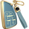 Picture of for GMC Yukon Key Fob Cover and Leather Keychain - Full Cover Key Case for Chevy Suburban, Tahoe for Buick Avenir, Envision - 2021-2023 TPU Keyfob Cover Compatible with YG0G21TB2 - Blue and Gold