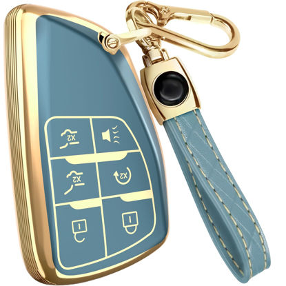 Picture of for GMC Yukon Key Fob Cover and Leather Keychain - Full Cover Key Case for Chevy Suburban, Tahoe for Buick Avenir, Envision - 2021-2023 TPU Keyfob Cover Compatible with YG0G21TB2 - Blue and Gold