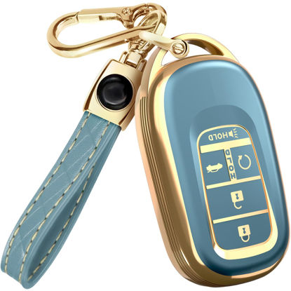 Picture of for 2025 Honda Pilot Key Fob Cover and Leather Keychain - for Honda Accord, Civic, CR-V, HR-V - 2022-2025 Full Cover Key Case - TPU Keyfob Cover Compatible with KR5TP-4 - Blue and Gold