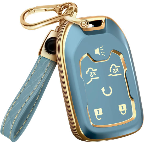 Picture of for Chevy Suburban Key Fob Cover and Leather Keychain - Full Cover Key Case for GMC Acadia Sierra Tahoe Terrain Yukon - 2014-2023 TPU Keyfob Cover for Silverado HYQ1AA - Blue and Gold