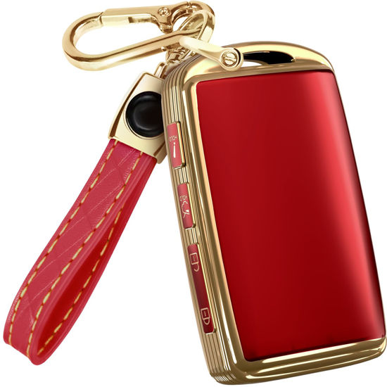 Picture of for Mazda CX5 Key Fob Cover and Leather Keychain - Full Cover Key Case for Mazda 3, 6, CX-5, CX-9, CX-30, CX-50, CX-70 - 2019-2024 TPU Keyfob Cover Compatible with WAZSKE11D0 - Red and Gold