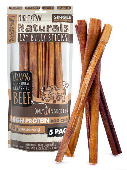 Picture of Mighty Paw Naturals 12" Bully Sticks for Dogs - Grass Fed Beef Chews. Dog Bully Sticks for Large Dogs, Medium and Small Breeds. Lower Odor Treats for Small Pets. Single Ingredient