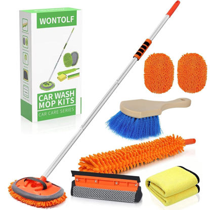 Picture of Wontolf 62'' Car Wash Brush with Long Handle Chenille Microfiber Car Wash Mop Car Washing Brush Cleaning Kit Windshield Window Squeegee Wheel Brush Car Duster Dry Towels for Cars RV Truck Boat 10PCS