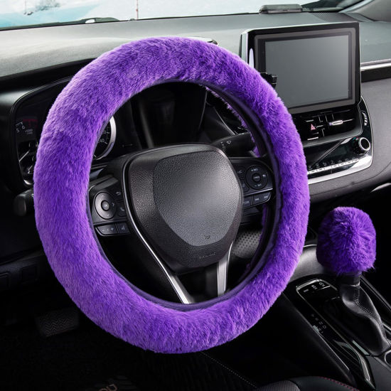 Picture of SEG Direct Furry Car Steering Wheel Cover with Fluffy Gear Shift Cover Soft Warm Non-Slip Car Decoration for Women Girls 2 PCS Set, Purple