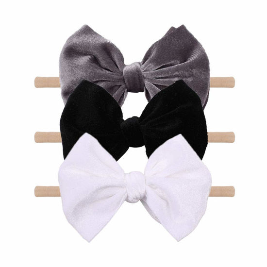 Picture of YanJie Brand Hairband - Handmade Velvet Baby Bows & Stretchy Nylon Headbands for Girls Infants Toddlers Child(4.5 black-velvet, 3 Count)