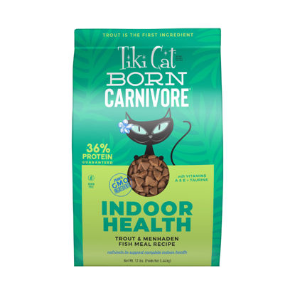 Picture of Tiki Cat Born Carnivore Indoor Health, Trout & Menhaden Fish Meal, Grain-Free Baked Kibble to Maximize Nutrients, Dry Cat Food, 12 lbs. Bag