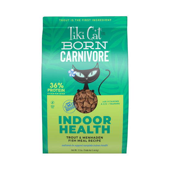 Picture of Tiki Cat Born Carnivore Indoor Health, Trout & Menhaden Fish Meal, Grain-Free Baked Kibble to Maximize Nutrients, Dry Cat Food, 12 lbs. Bag
