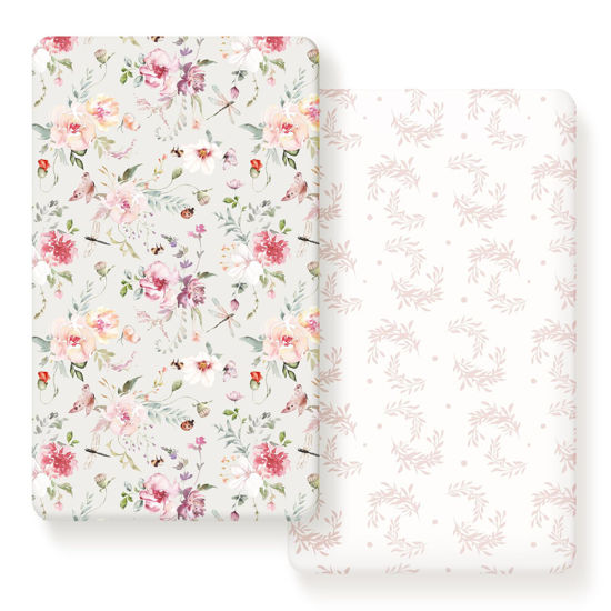 Picture of Fitted Crib Sheets Set 2 Pack, Ultra Soft Stretch Jersey Knit Crib Sheet Fit All Standard Crib Mattress Pads Safe and Snug, Crib Fitted Sheet for Baby, Beautiful Flowers and Insects Pattern