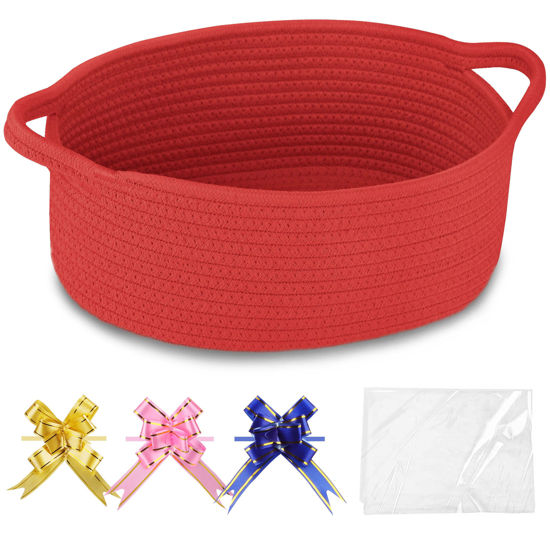 Picture of COMSE Small Woven Basket with Gift Bags and Ribbons, Gift Basket Empty, Basket for Gifts, Cotton Rope Basket for Storage, Baby Toy Basket with Handles, 12" x 8" x 5", Red