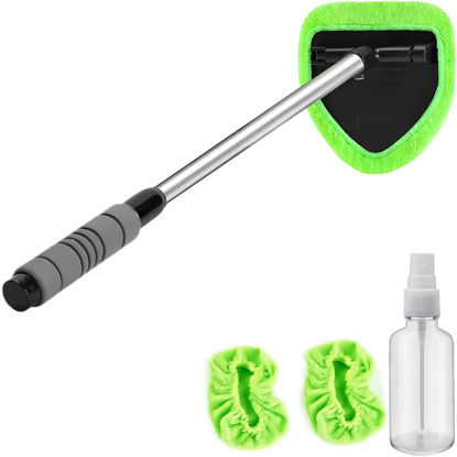 Picture of Windshield Cleaning Tool - Extendable Handle Car Window Cleaner with 3 Reusable Cloth Pads, Auto Glass Wiper Kit for Interior & Exterior, Ideal for Dirty Car Windows