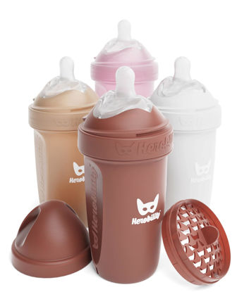 Picture of Herobility Double Anti-Colic Baby Bottles - 8.5 fl oz/240ml - 4-Pack - Multicolor - Sand, Woodchuck, Pink, White