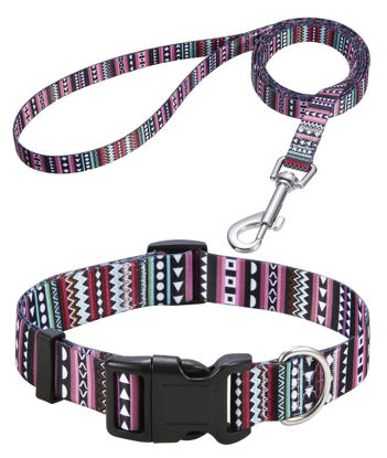 Picture of Mihqy Dog Collar and Leash Set with Bohemia Floral Tribal Geometric Patterns - Soft Ethnic Style Collar Adjustable for Small Medium Large Dogs(Bohemian Purple Set,XS)