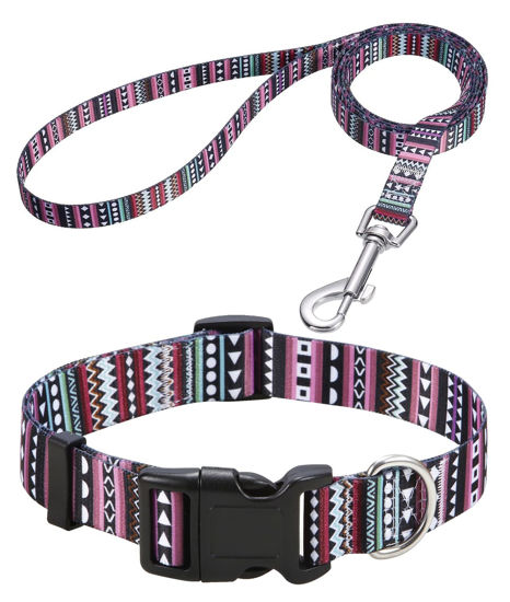 Picture of Mihqy Dog Collar and Leash Set with Bohemia Floral Tribal Geometric Patterns - Soft Ethnic Style Collar Adjustable for Small Medium Large Dogs(Bohemian Purple Set,XS)