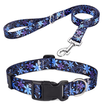 Picture of Mihqy Dog Collar and Leash Set with Bohemia Floral Tribal Geometric Patterns - Soft Ethnic Style Collar Adjustable for Small Medium Large Dogs(Blue Floral Set,XS)